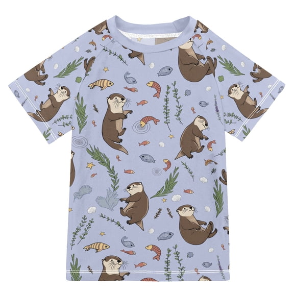 FORMRS Boys Rash Guard Short Sleeves Swim Shirt Quick Dry UPF 50 Sun Protection, Sizes 3-12T, Purple Otters Pattern