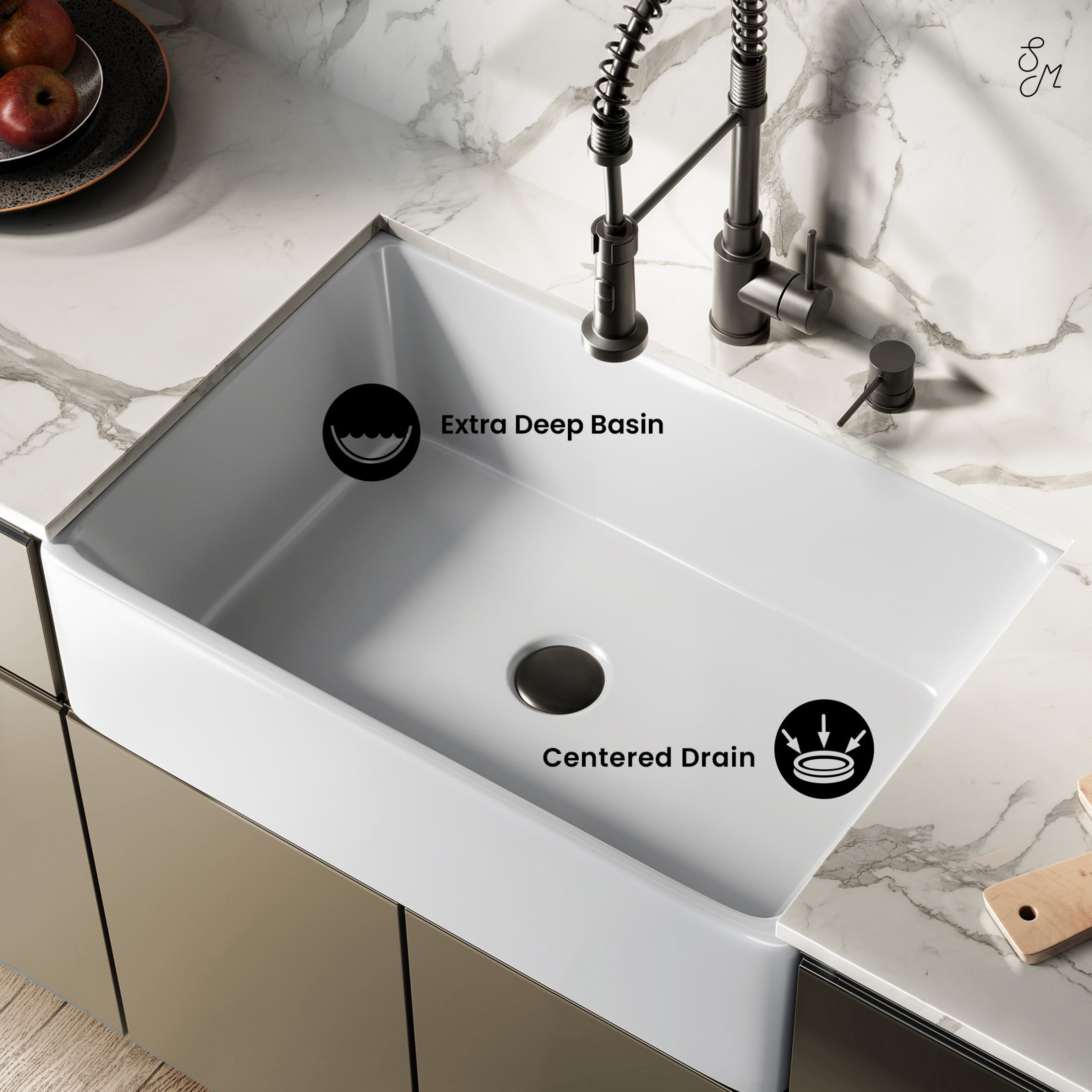 Elegance 33" x 20" Single Basin Fireclay Workstation Kitchen Sink in Glossy White