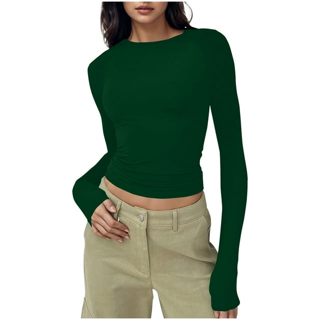 Daiosportswear T-Shirt à Manches Longues Décontracté pour Femme, Col Rond, Couleur Unie, Vert, TP (TP)