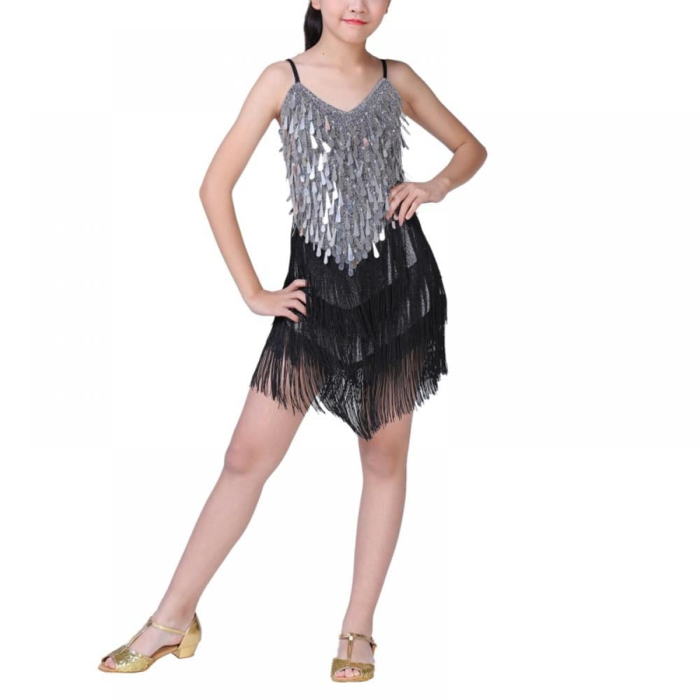 ranrann Kids Girls Sequins Latin Jazz Dance Dress Spaghetti Straps V-Neck High Low Hem Lyrical Dancewear