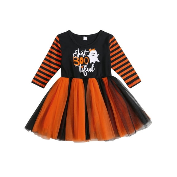 Toddler Baby Girl Halloween Dress Ghost Print Stripe Long Sleeve Tutu Skirt Mesh Mini Dress Clothe