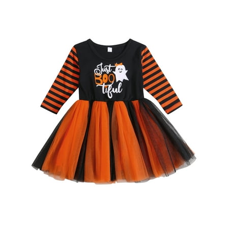 

Halloween Toddle Infant Baby Girl Long Sleeve Ghost Letter Stripe Printed Tutu Skirts Onepiece Outfit