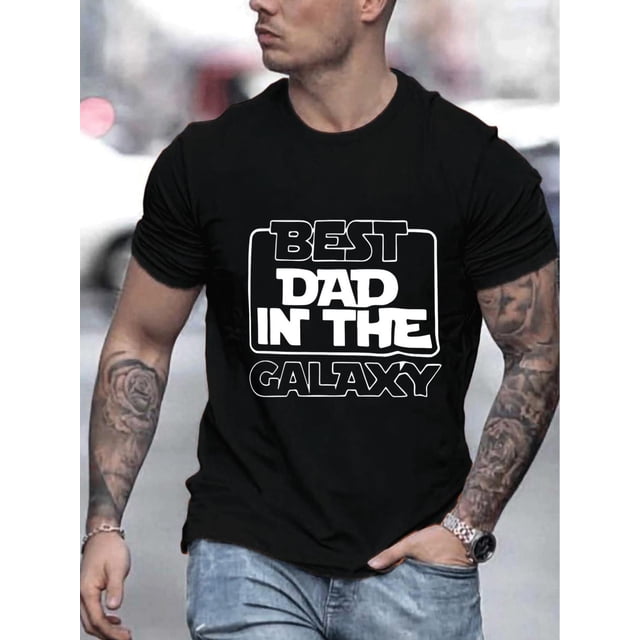 1pc Men'S Casual Crew Neck T-Shirt - "Best Dad in the Galaxy" Print, Knit Fabric with Slight Stretch, Regular Fit for Summer - Adult Patterned Tee