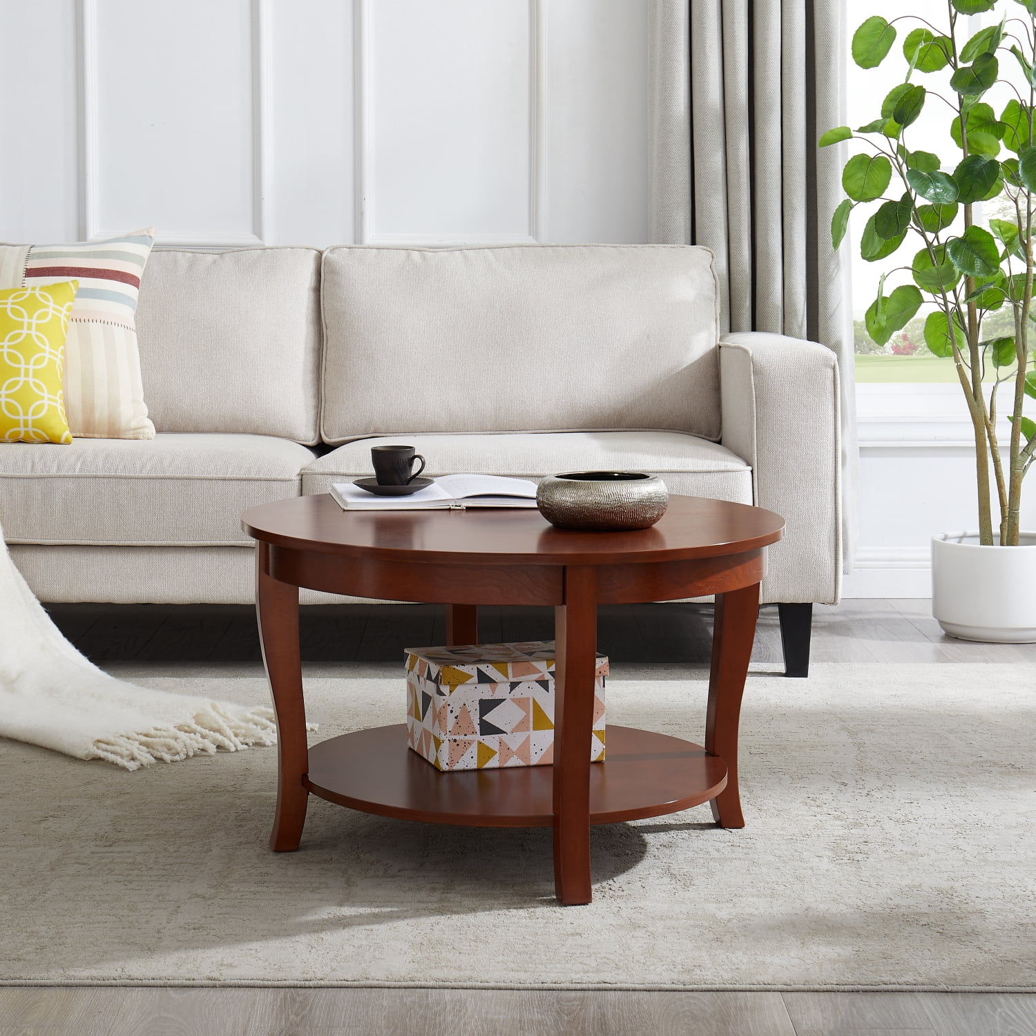 Traditional Round Coffee Table with Open Storage Shelf
