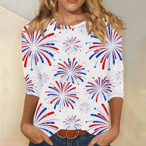 Zivyakyron Vacation T-Shirts Womens Patriotic Summer Fourth of July Tops Women Loose 3/4 Sleeve Casual Clothes