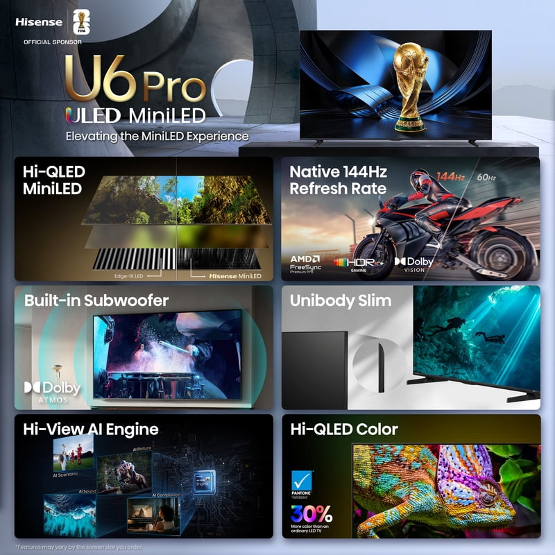 Hisense 65" U6 Pro Series Mini-LED 4K UHD Vidaa Smart TV (65U6SV Pro, 2026 Model) - Hi - QLED MiniLED, Native 144Hz, HDR10+, Dolby Vision IQ, Dolby Atmos, Built-in Subwoofer feature detail