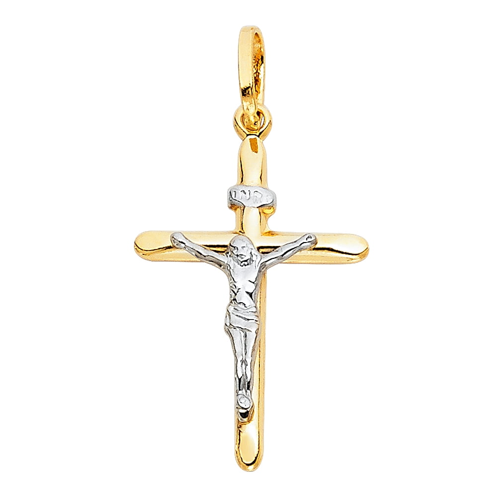 Wellingsale 14K Two 2 Tone White and Yellow Gold Polished Milgrain and Diamond Cut Ornate Religious Catholic Gothic Crucifix Charm Pendant