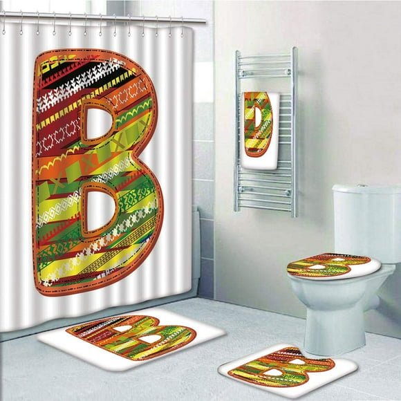 EREHome Letter B Winter Season Inspired Typing Tool Digitally Made Multicolor Palette 5 Piece Bathroom Set Shower Curtain Bath Towel Bath Rug Contour Mat and Toilet Lid Cover