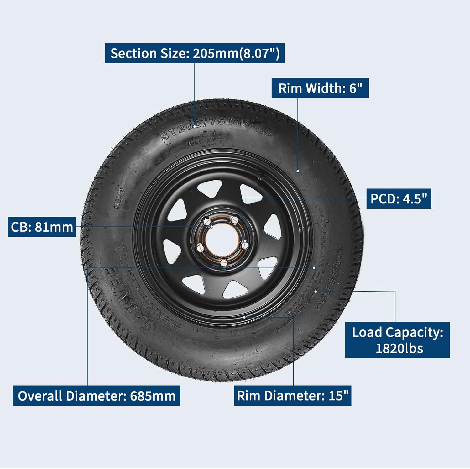 2-Pack Trailer Tire On Rim ST205/75D15 Trailer Tires and Wheels 5 Lug Trailer Tires with 15In Rims Load Range C 6PR Black