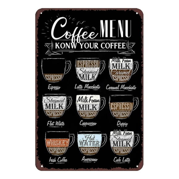 16x12 IN Coffee Menu Know Your Coffee Tin Sign Coffee Bar Metal Sign Coffee Station Retro Vintage Signs Bar Wall Decor Coffee Decor for Coffee Bares