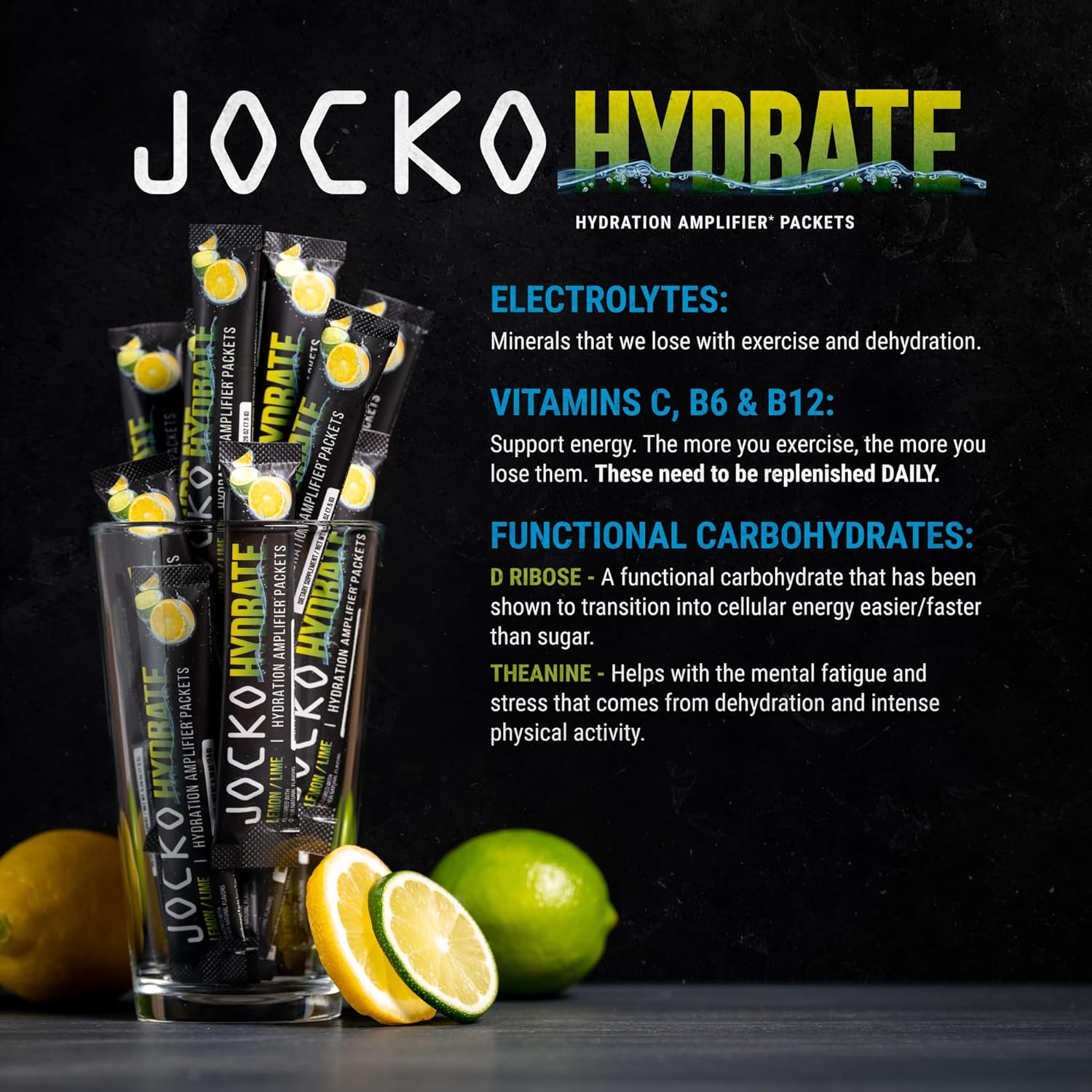 Jocko Fuel Hydrate Powder Packets, with Electrolyte Complex, Lemon Lime Flavor, 16 Count