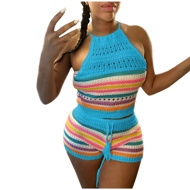 Ensemble Aguichant pour Femmes, Mode, Sans Manches, Bretelles, Tricoté, Coloré, Sac à Dos-Fesses