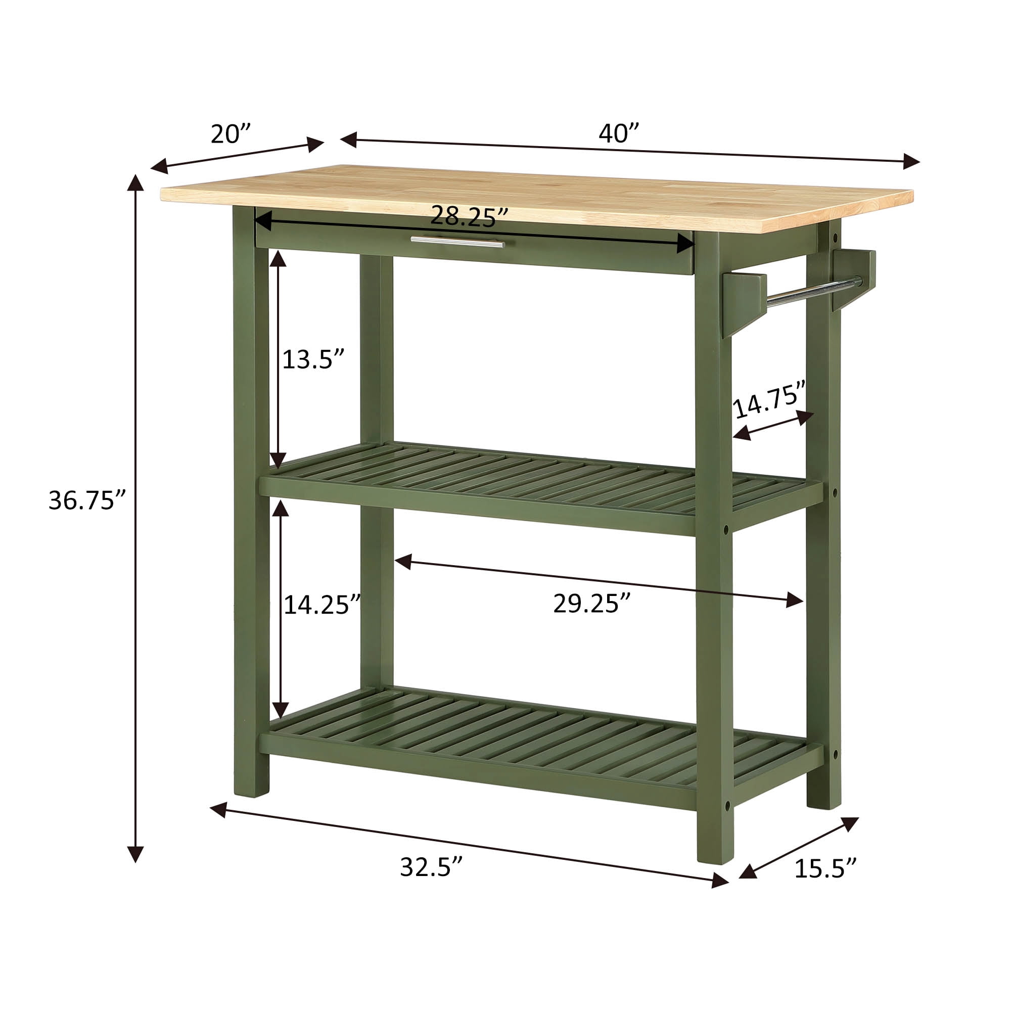 Convenience Concepts Designs2Go 3 Tier Butcher Block Kitchen Prep Island with Drawer, Dark Sage Green/Butcher Block