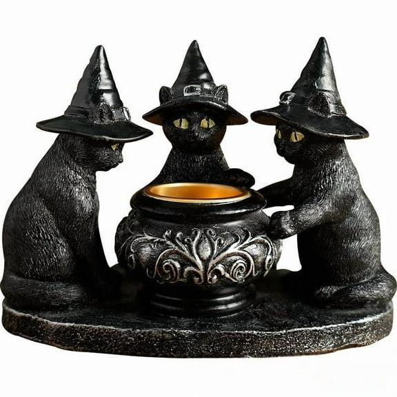 Darzheoy Halloween Cat Candle Holder Black Resin Tealight Holder for Spooky Decorations, Home Table Mantel Halloween Party Display