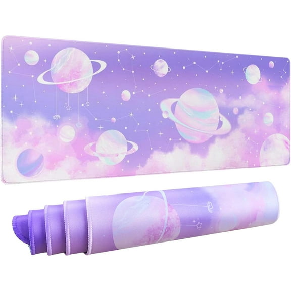 Aesthetic Pastel Gaming Mouse Pad for Desk XL Extended, Star Constellation Space Marble Planet Pink Purple Desk Pad Large Keyboard Desk Mat, Kawaii Cute Desk Accessories Decor Stuff, 31.5 X 11.8 Inch