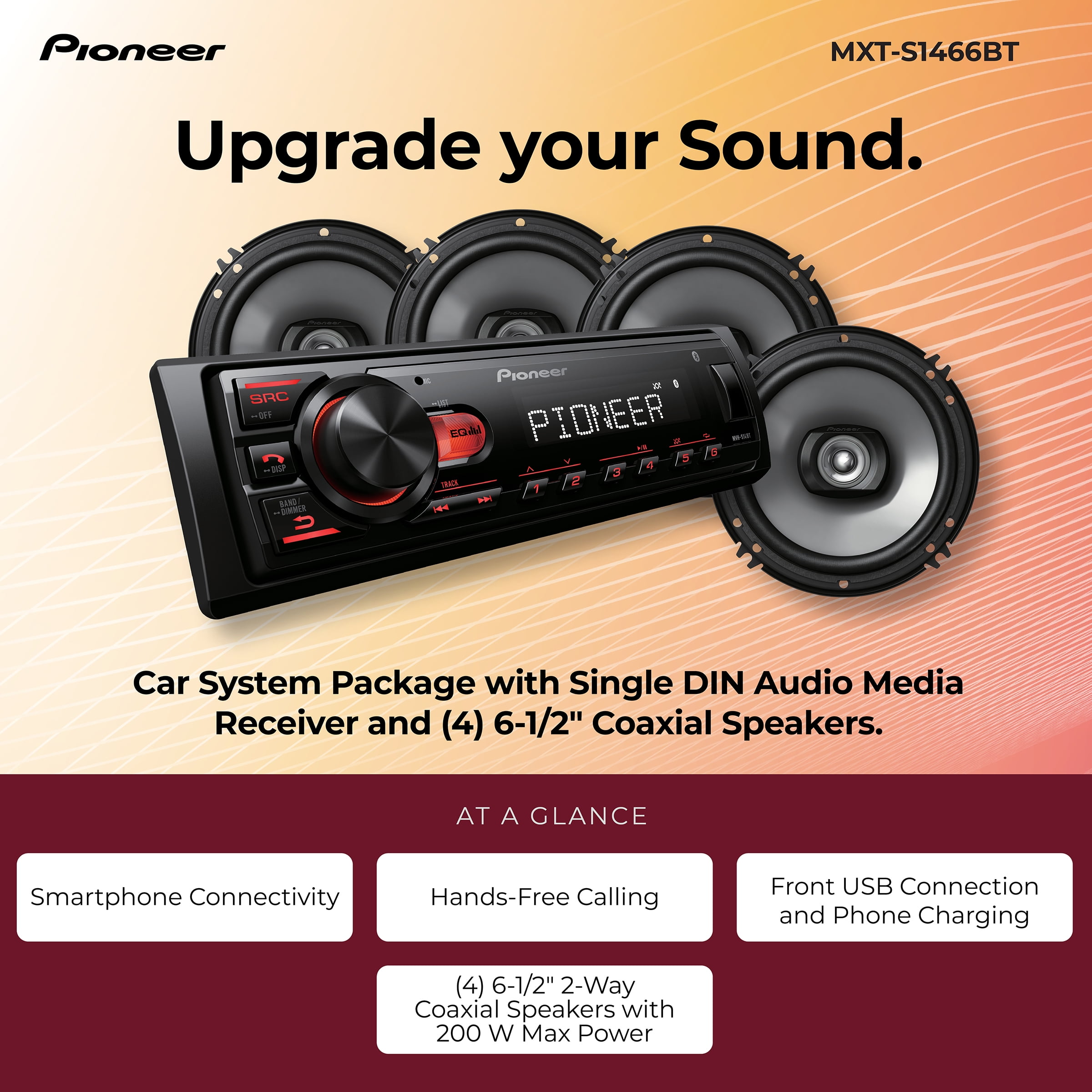 Pioneer MXT-S1466BT Car Audio Stereo Bundle ‒ Bluetooth Head Unit Receiver + (4) 6.5″ 4-Ohm Speakers, 50W x 4 RMS, Hands-Free Calling, USB, AM/FM, Loud Bass Upgrade