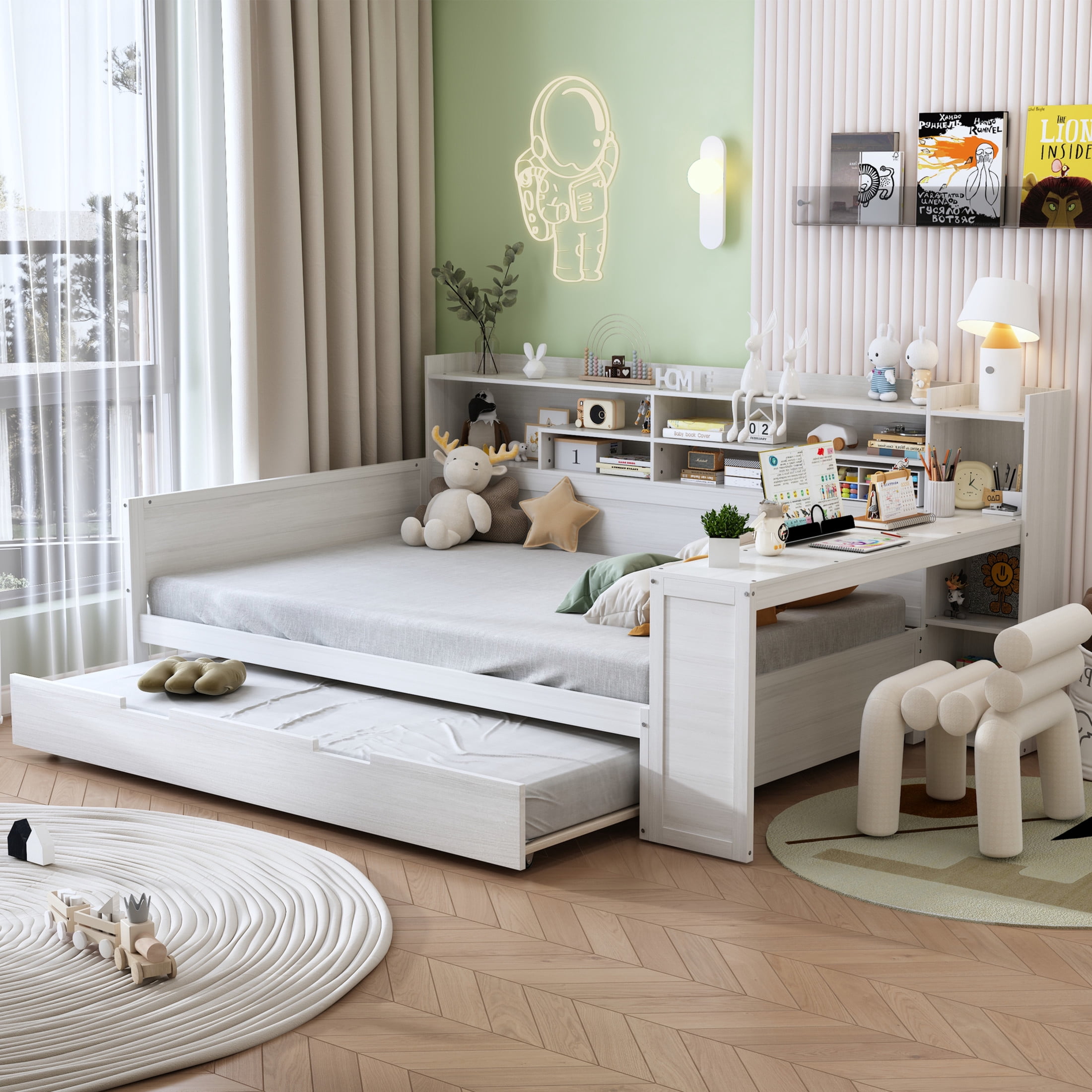 Noble House Full Size Daybed with Twin Trundle, Storage Shelves and Study Desk, Antique White