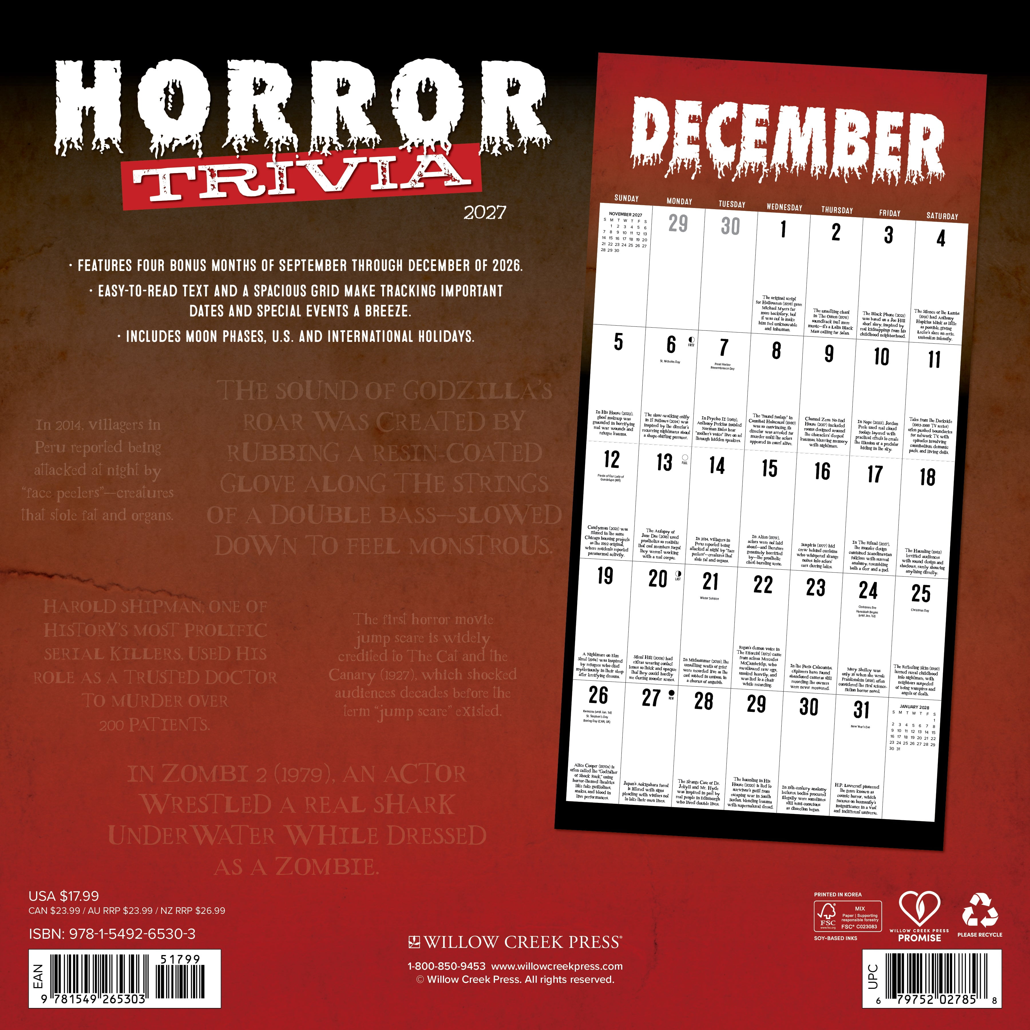Willow Creek Press, Horror Trivia 2027 Wall Calendar