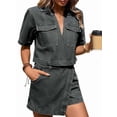 thumbnail image 2 of Women'S Denim 2 Piece Outfits Summer Lapel V Neck Crop Top Jean Skirt Shorts Set with Pockets Black & Gray Suit L, 2 of 9