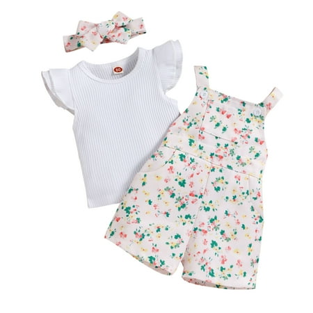 

Kids Sets Clothing For Toddler Girls Floral Printed Ruffled Sleeve Infant Ribbed Tops Shirt Suspenders Shorts Headbands Outfits Dailywears Comfortable Loose Fittness Sets