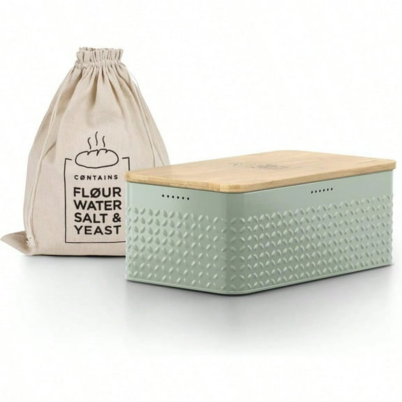 LARS NYSØM Bread Box I Metal Box with linen bag for long lasting freshness I Bread Bin with bamboo lid usable as cutting board I 13.4x7.3x5.3In Sage
