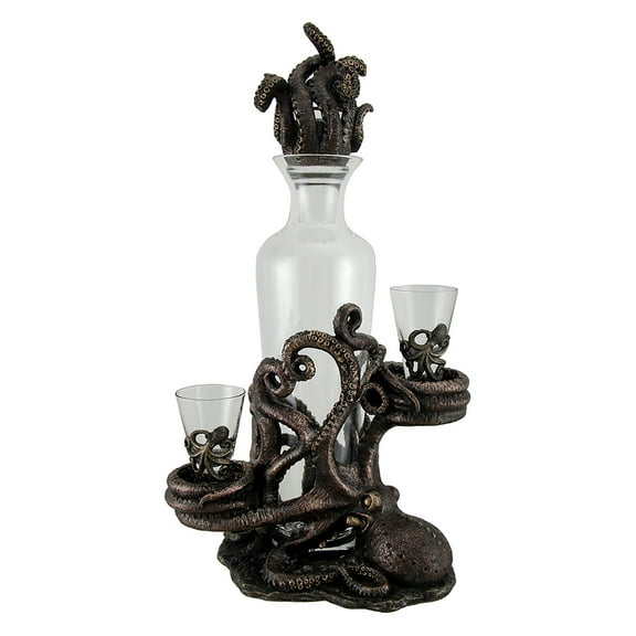 Veronese Design Octopus Spirit Decorative Antique Bronze Finish Statue and Glass Decanter Set