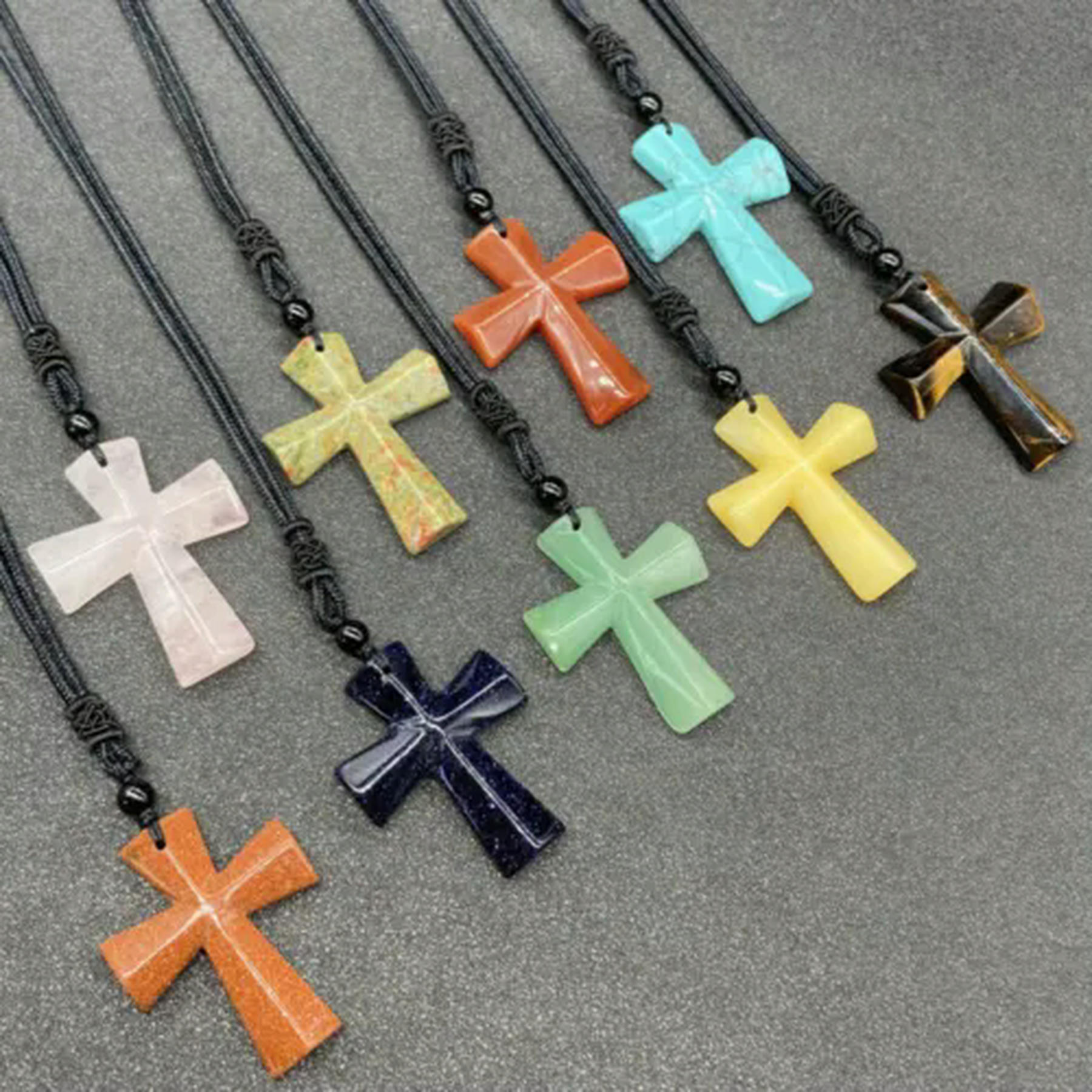 Natural Crystal Cross Pendant – Chakra Healing Gemstone Charm, Multi-Color, Stainless Steel