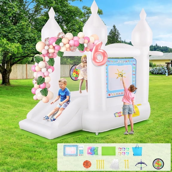 Adnoom Bounce House, White Bouncy Castle with Slide, Inflatable Bouncer with Dart Target Set for Kids 3-8, Wedding Party Kids Birthday Party, Indoor & Outdoor