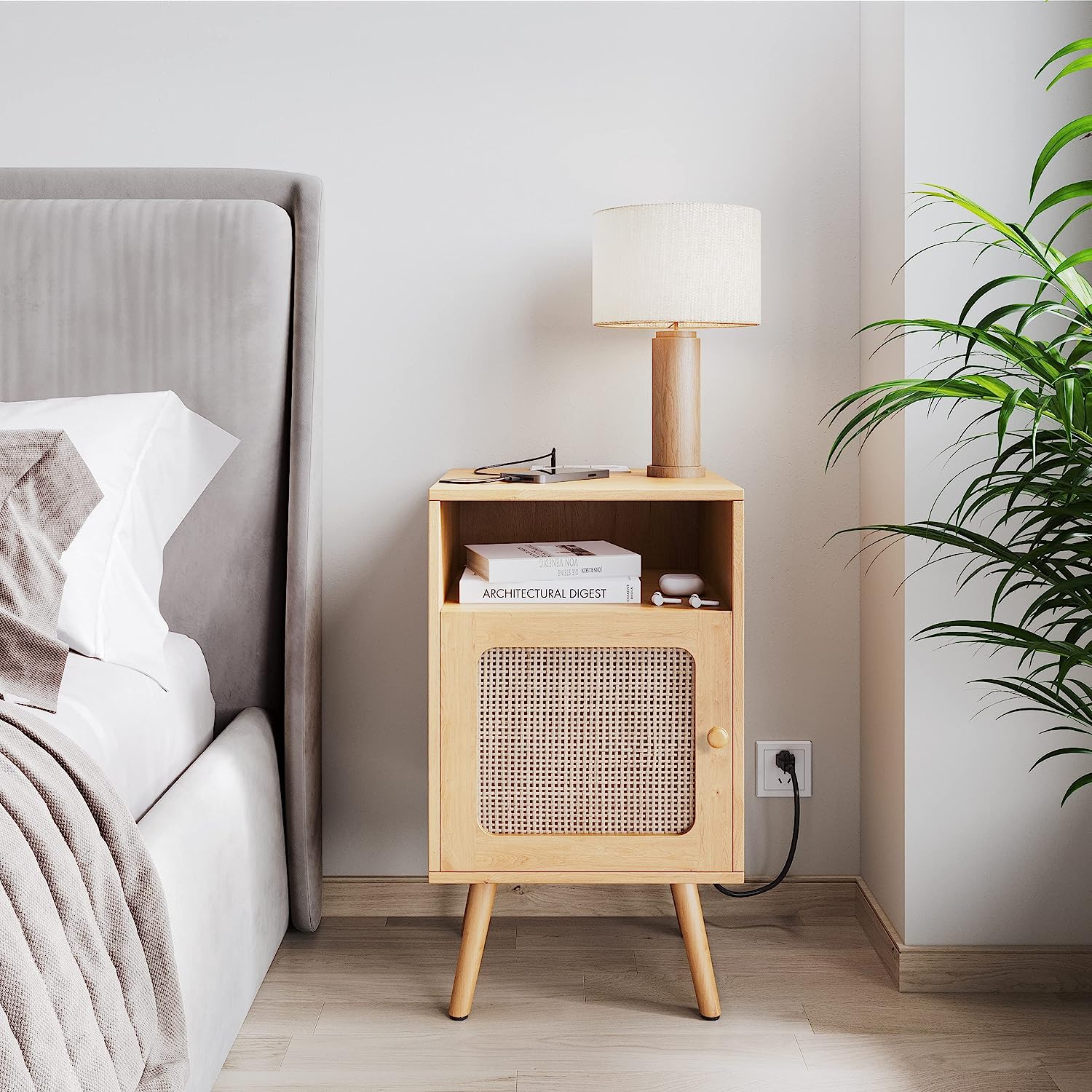 Rattan Nightstand Night Stand with Charging Station, Boho Nightstand