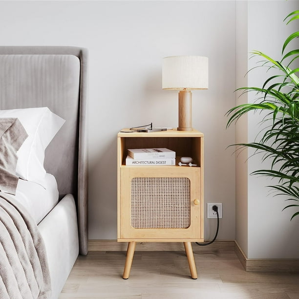 Rattan Nightstand Night Stand with Charging Station, Boho Nightstand, Mid Century Modern Side