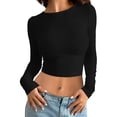 thumbnail image 1 of MIASHUI T-Shirt à Manches Longues Court Ajusté Col Rond Uni pour Femmes Couche de Base Noire,TTG, 1 of 4