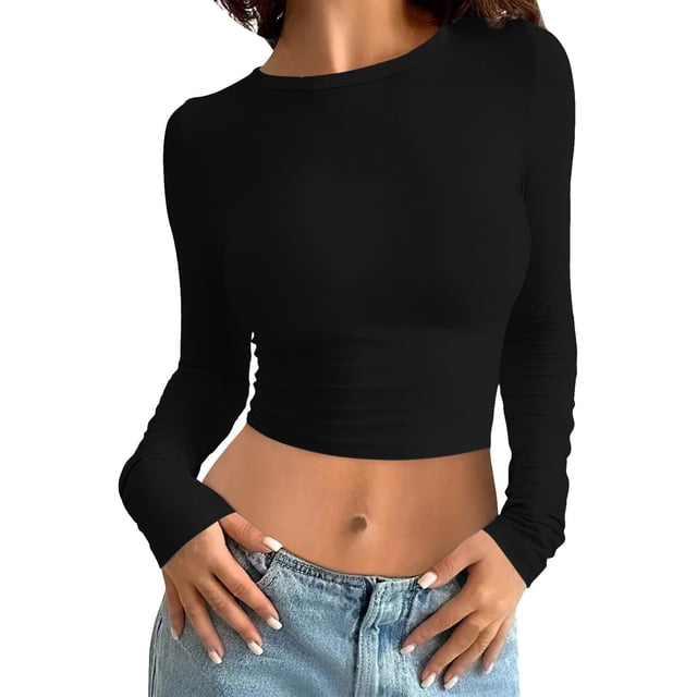 MIASHUI T-Shirt à Manches Longues Court Ajusté Col Rond Uni pour Femmes Couche de Base Noire,TTG