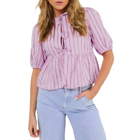 ValenSweet Women s Striped Babydoll Blouse Loose Open Front Tie-Up Half Sleeve Ruffle Hem Tops for Summer