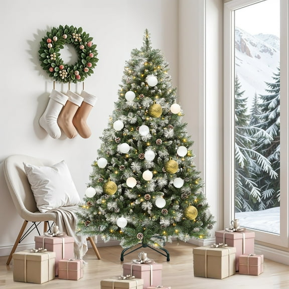 Uforic 6ft Prelit  Artificial Christmas Tree with 946 Branch Tips & 250 Lights, Pre-Decorated Scotch Pine Christmas Tree with Remote, 11 Light Modes, 56 Pine Cones, Green