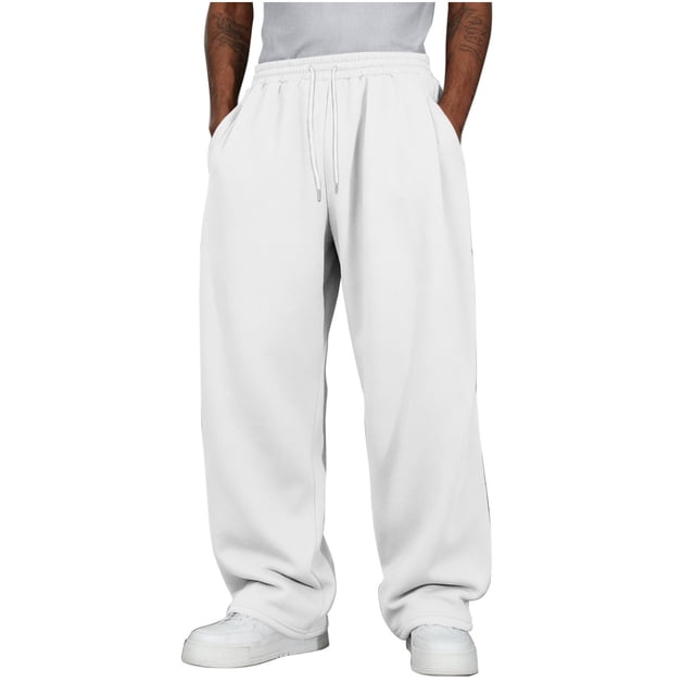 Amzcrzy Pantalones Deportivos Hombre Clásicos Color Liso Cintura Alta Elástica Cordón Pierna Recta Holgados Anchos Cómodos Con Bolsillos Tallas S-2XL Blanco