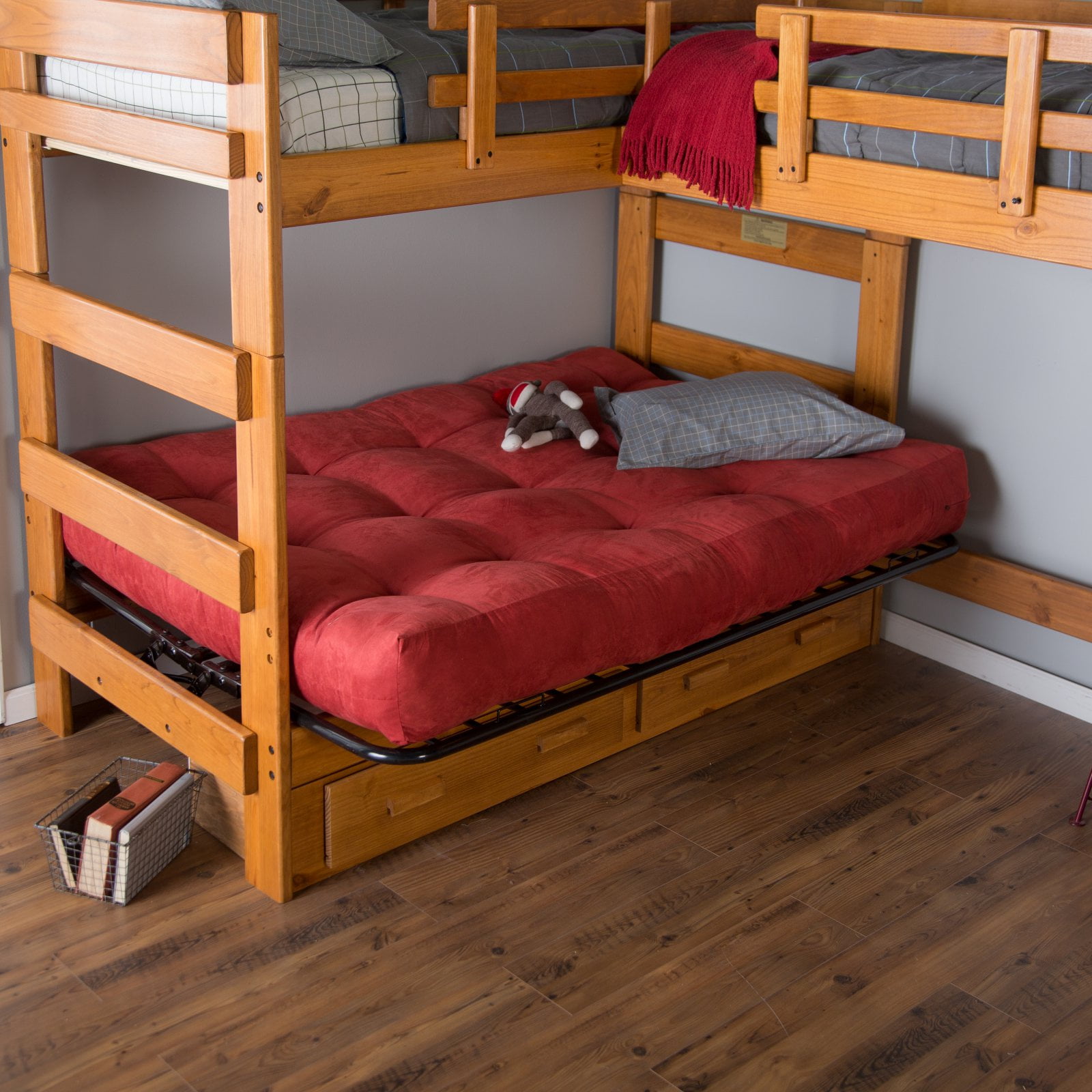 Woodcrest Heartland L Shaped Futon Bunk Bed With Extra Loft Honey Pine
