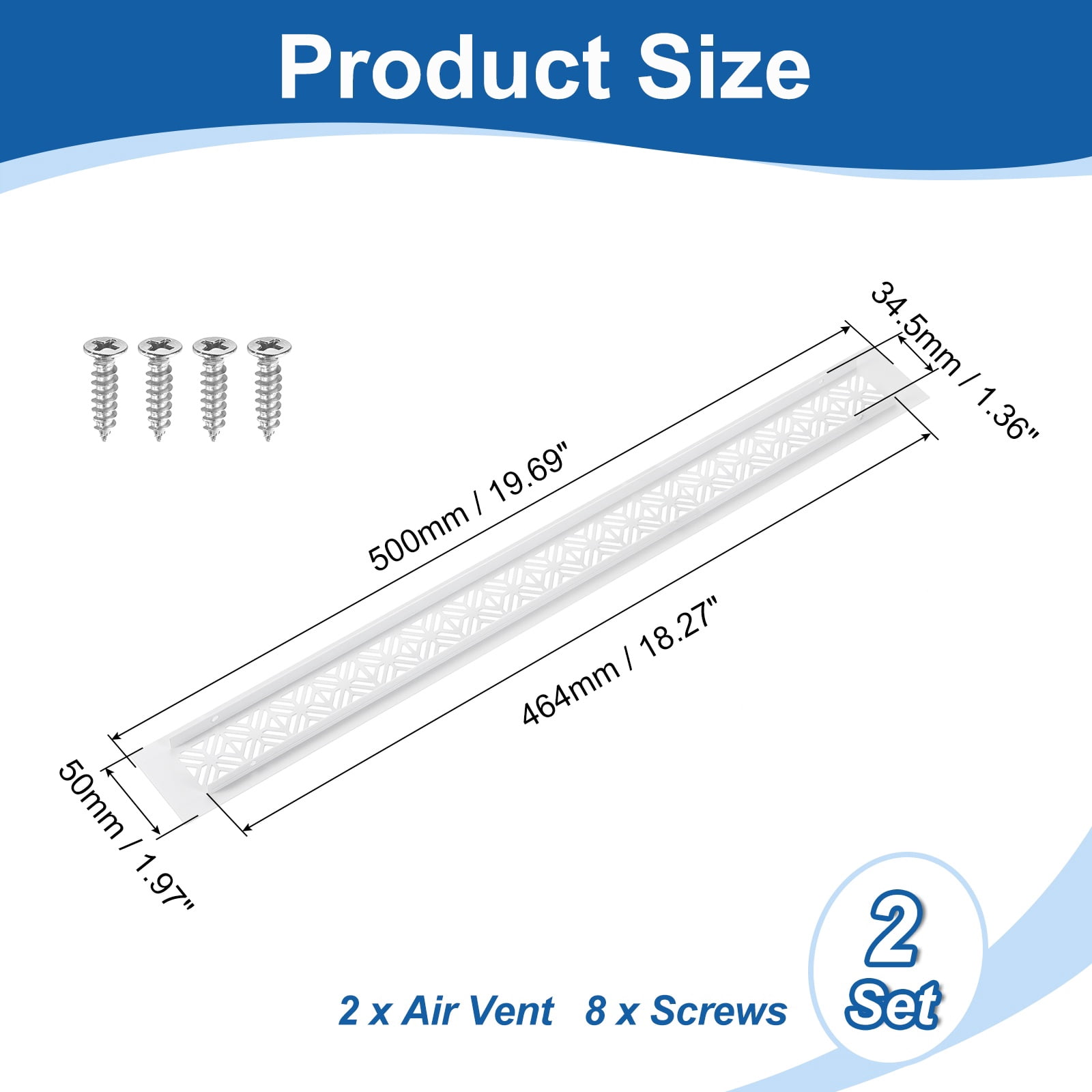 2Pack Aluminum Alloy Air Vents, 500 x 50mm / 19.7 x 2" Rectangle Louvered Ventilation Grille Cover with Mounting Screws for Door Cabinet Wardrobe, White
