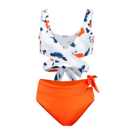 

Cathalem Bathing Bikini Swimsuit For Women Halter Wrap Two Piece Bathing Swimsuit Sports Bra Top Underwear Orange X-Large