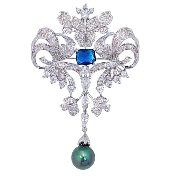 Royal Scroll Blue and White CZ Brooch with Black Pearl Drop