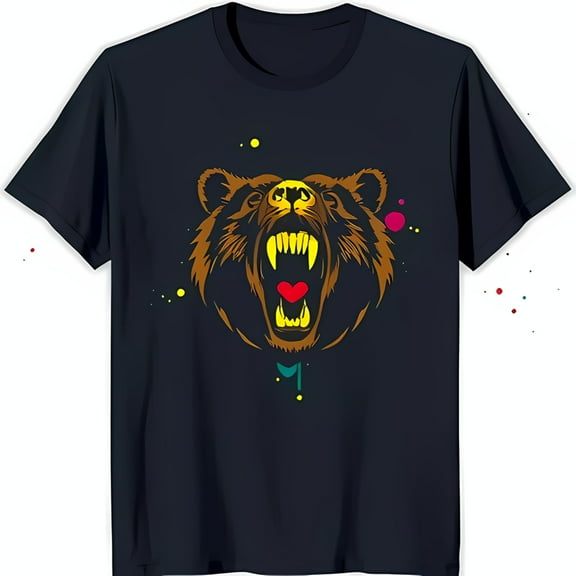 Bold Bear Face Graphic T-Shirt Dark Blue with Colorful Splatter Design