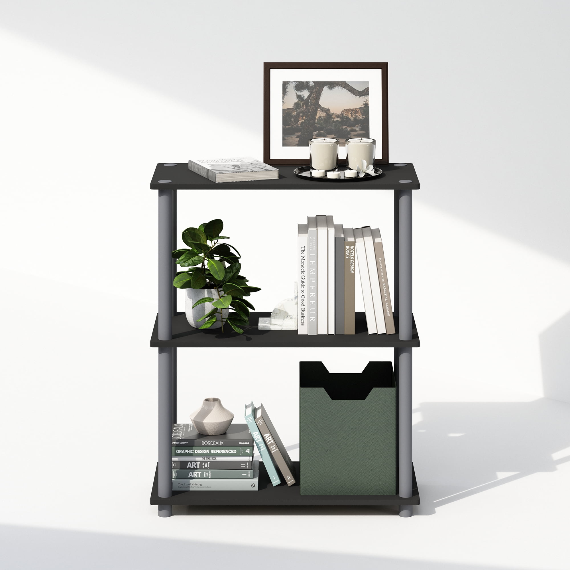 Furinno Turn-N-Tube 3-Tier Multipurpose Compact Display Rack, Shelving Unit, Bookcase, Black/Grey