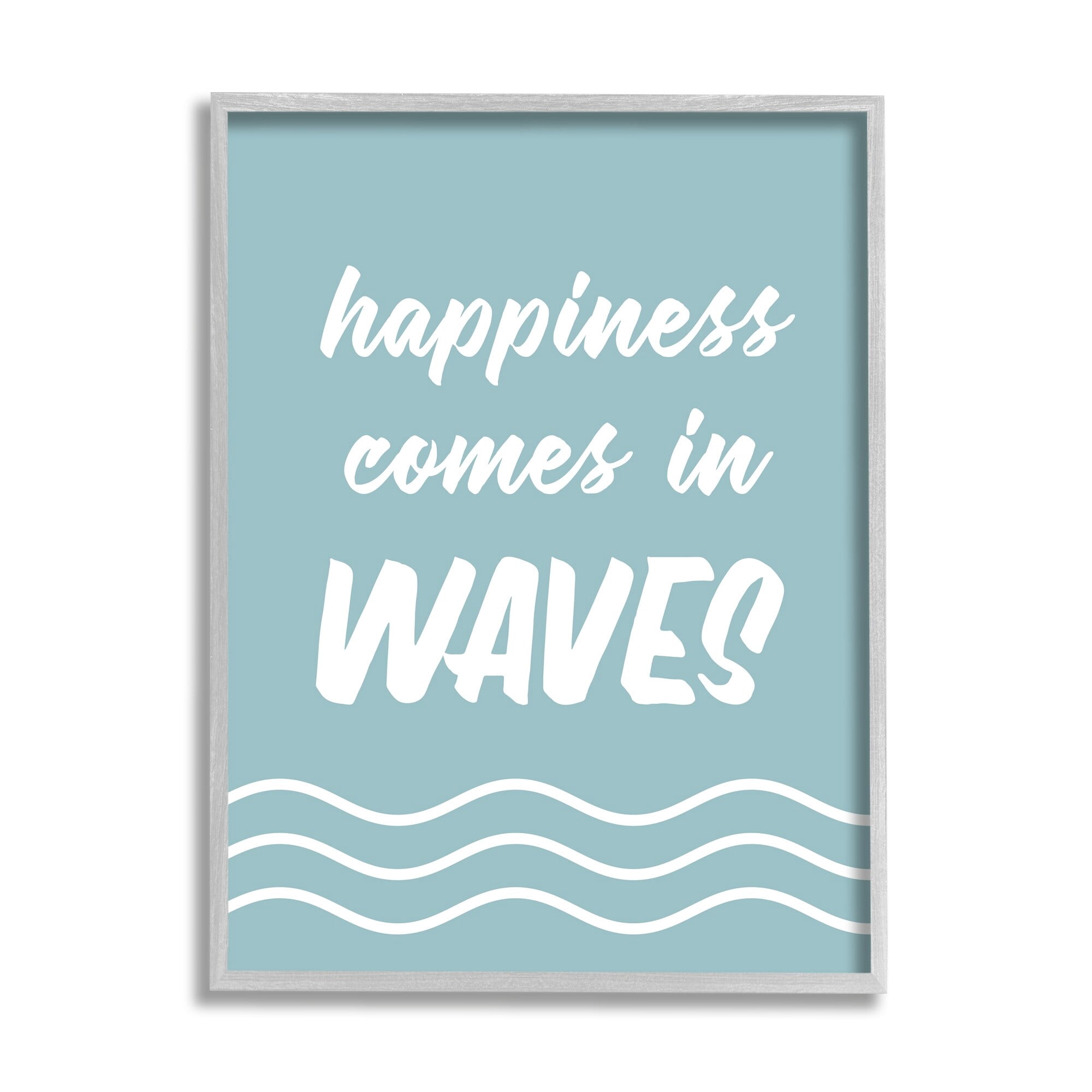 Stupell Industries Happiness Beach Water Waves Uplifting Cursive Phrase Graphic Art Gray Framed Art Print Wall Art, Design by Lettered and Lined