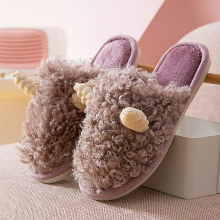 

uikmnh Warm Slippers Couple Women s Winter Indoor Home Cute Cartoon Wool Roll Plus Velvet Warm Thick Bottom Non Slip Cotton Slippers 8.5