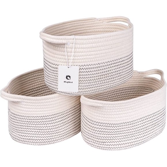 laughbird Medium and Large Woven Basket//With Handle, Used for Toys and Fabric Storage Basket used for Storing xl Storage Box, Decorative Storage Box Room 2pack (White/black line, L13×W9×H7)