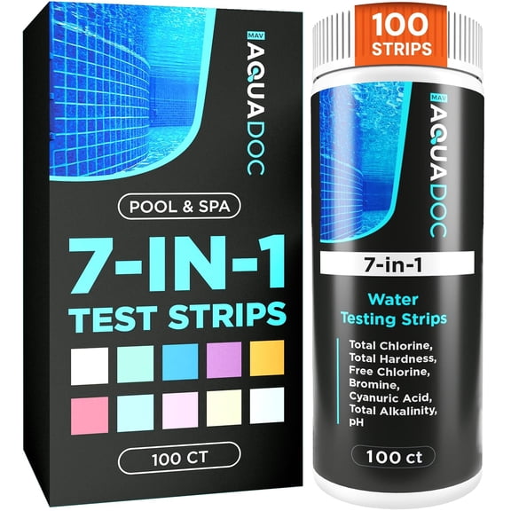 AquaDoc 7-in-1 Pool & Spa Test Strips, Tests pH, Chlorine, Bromine, Alkalinity, Hardness & Cyanuric Acid, 100 Count