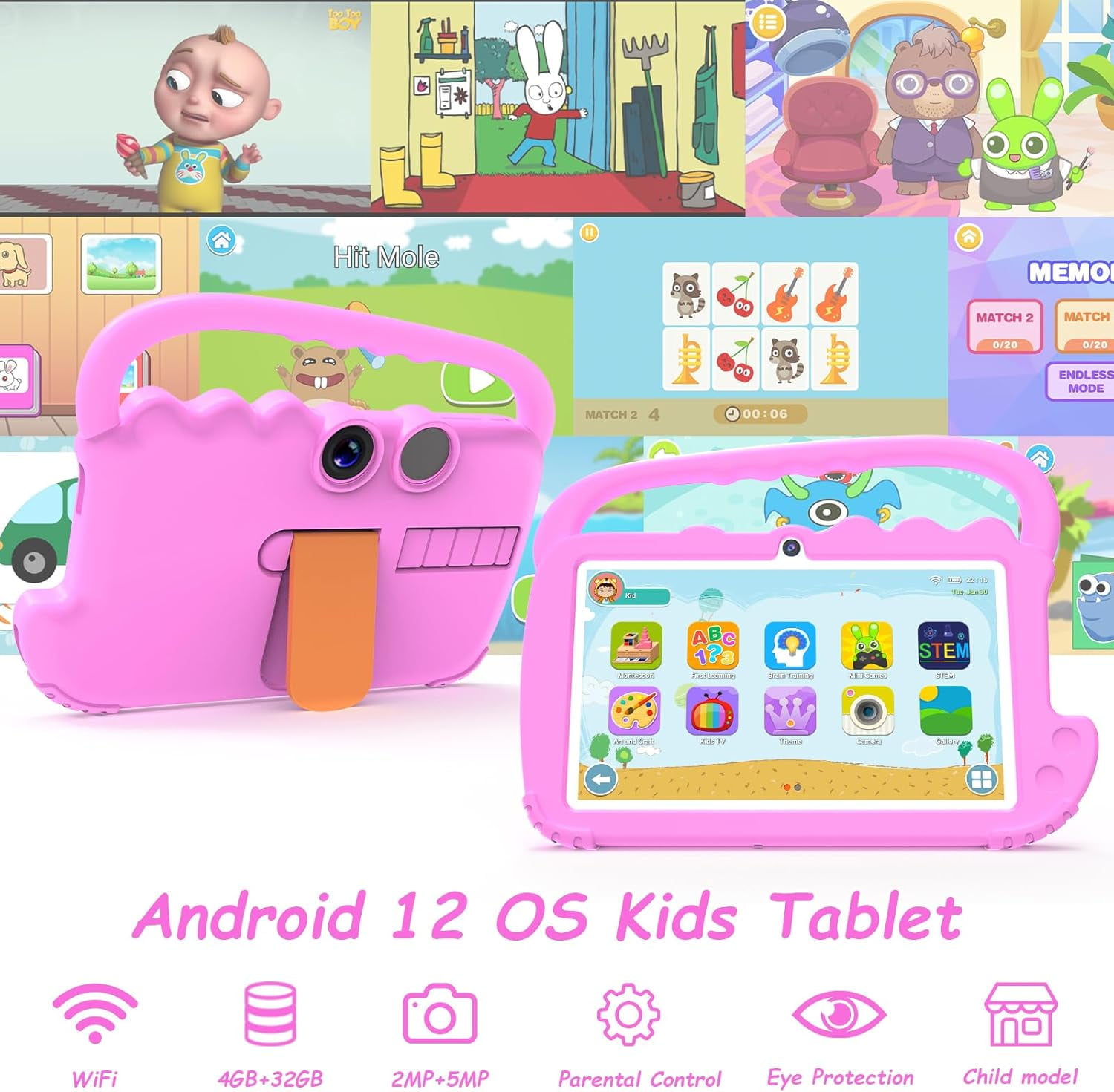 7 inch Kids Tablet Android Toddler Tablet, 7" Tableta for Boys Girls, 4GB RAM 32GB ROM WiFi Dual Camera IPS Safety Eye Protection Screen, Parental Control APP, Latest Model Kid Tablets, Pink