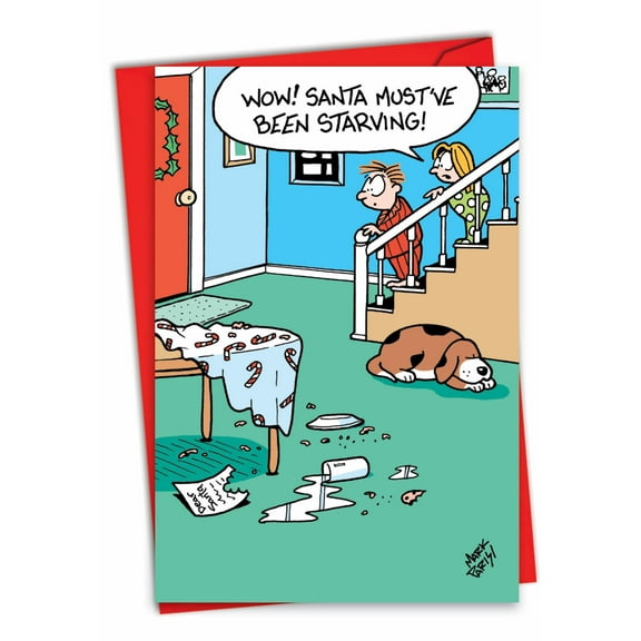 NobleWorks Funny Christmas Greeting Card with 5 x 7 Inch Envelope (1 Card) Merry Christmas Holiday Starving Santa C7657XSG