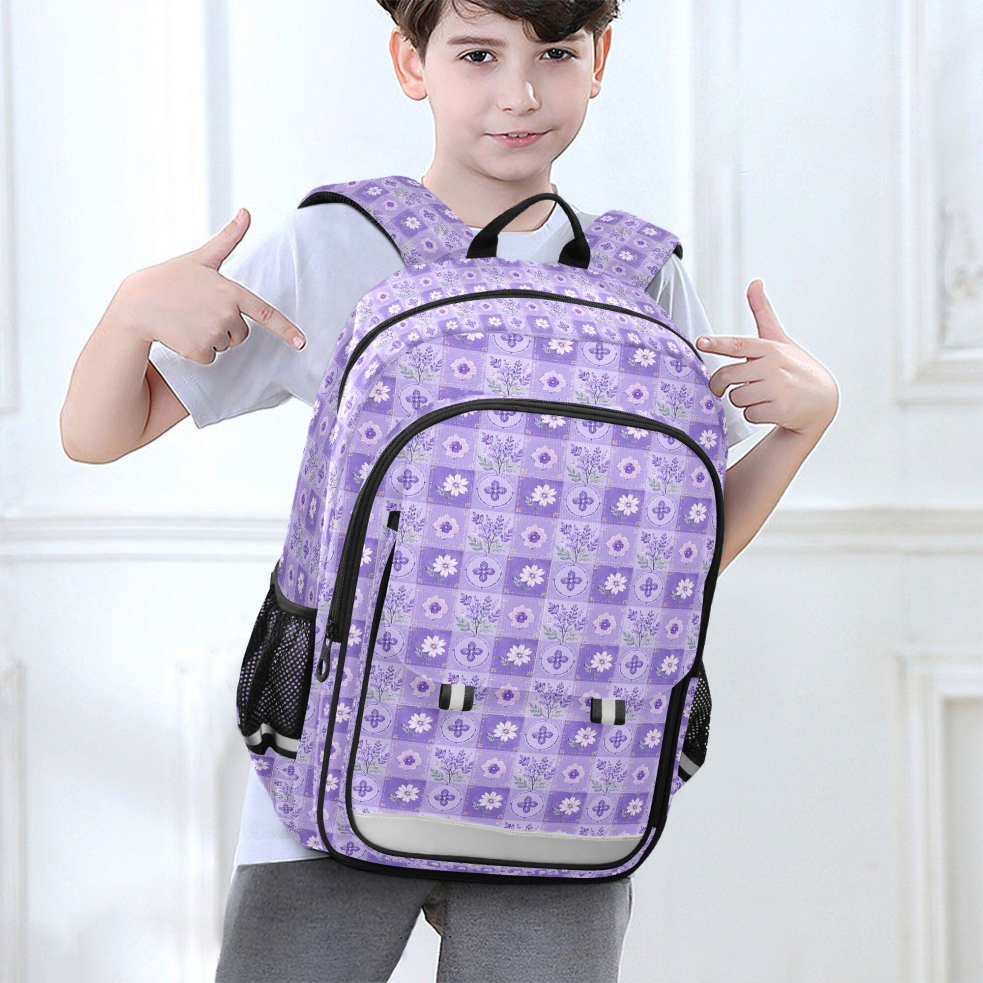 Mochila escolar para niños, unisex de 17 pulgadas, casual, con bolsillos y compartimentos, patrón de cuadros lavanda 6