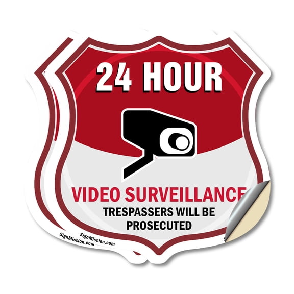 24 Hour Surveillance Shield Sign Video Surveillance Trespassers Will Be Prosecuted (2 Pack) 12 inch X 12 inch Shield Shaped Heavy Duty 3.2 mil Vinyl Decals Weather Resistant Made in the USA