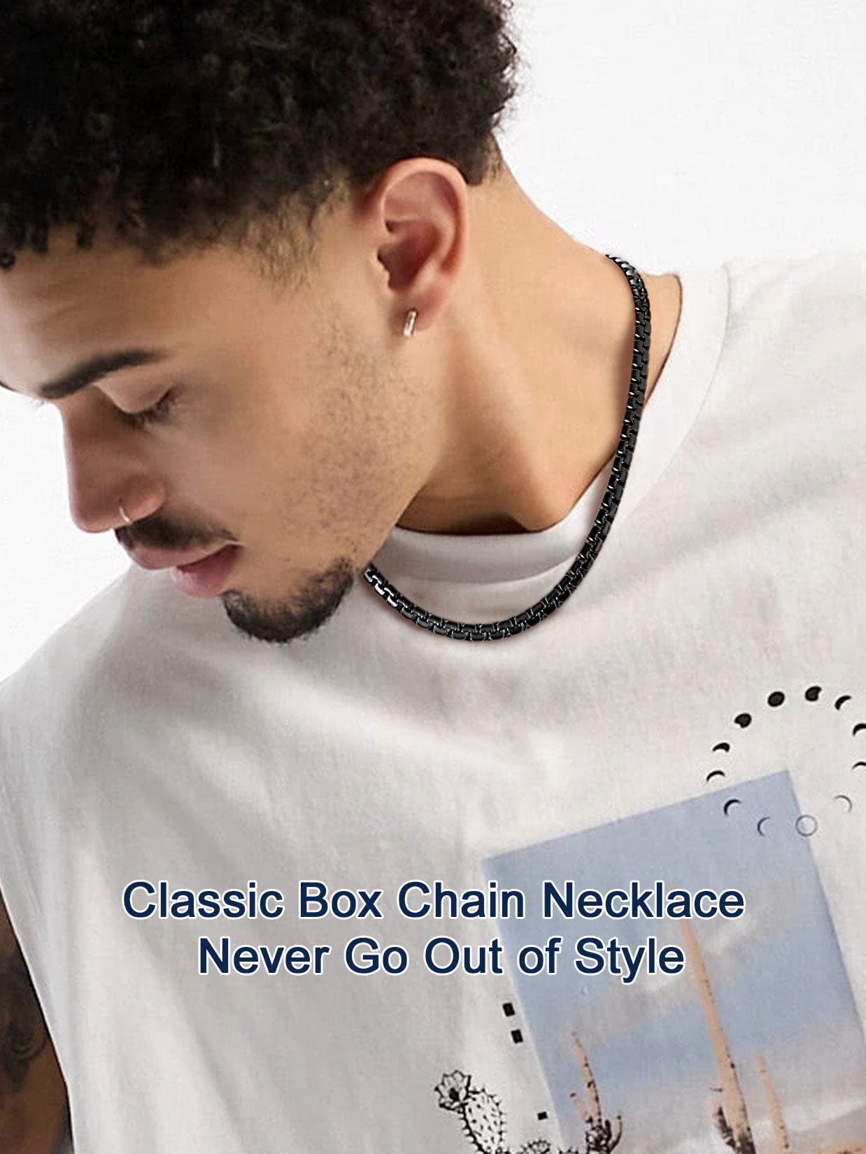 ChainsProMax Men Black Plated Stainless Steel Box Chain Necklace for Mens Gift 6mm 22" Jewelry Gift for Father